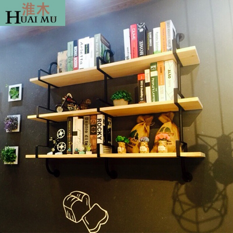 淮木（HUAIMU）创意墙上书架铁艺置物架一字隔板实木层板壁柜墙面壁挂墙壁搁板架_0 三层长150cm
