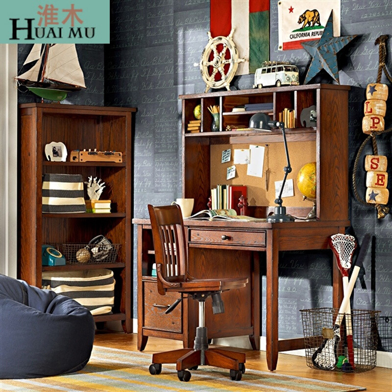 淮木（HUAIMU）书桌美式乡村实木孩子学习桌青少年简约电脑桌 桌面书架