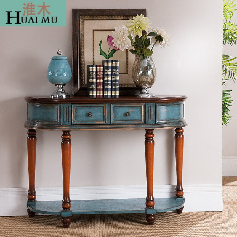 淮木（HUAIMU）美式乡村装饰玄关台欧式半圆桌板木厅斗柜地中海复古蓝色餐边柜A款咖啡色1 D款蓝色121*40*89