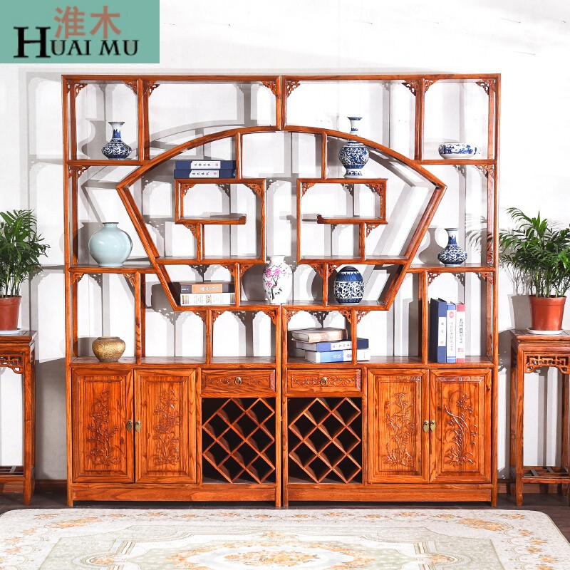 淮木（HUAIMU）博古架实木中式仿古多宝阁扇形置物架展示架南榆木隔断酒柜陈列柜一组木架 默认颜色