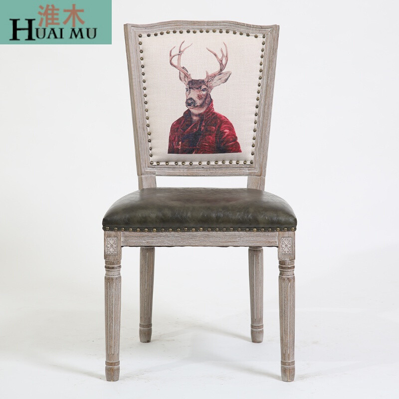 淮木（HUAIMU）欧式餐椅实木复古餐厅椅子靠背带扶手餐桌书椅 油蜡皮墨西哥绿+靠背红衣鹿