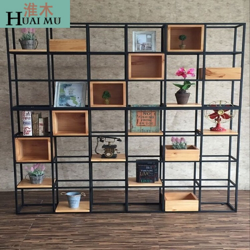 淮木（HUAIMU）工业美式书架客厅复古隔断书柜铁艺隔搁板置物架实木展示货架 150*25*200cm5格7层