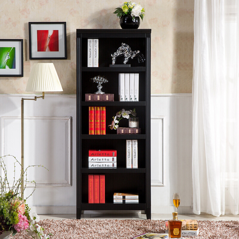 美式实木书架书柜简约现代组合简易收纳欧式书橱置物架储物展示柜五层黑色0.6-0.8米宽 五层黑色