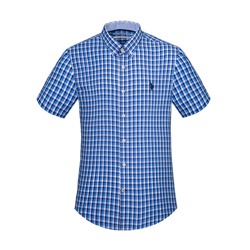 U.S. POLO ASSN.衬衫男短袖纯棉格子商务休闲衬衫男衬衣新款男装 XXL/185 蓝色格-K