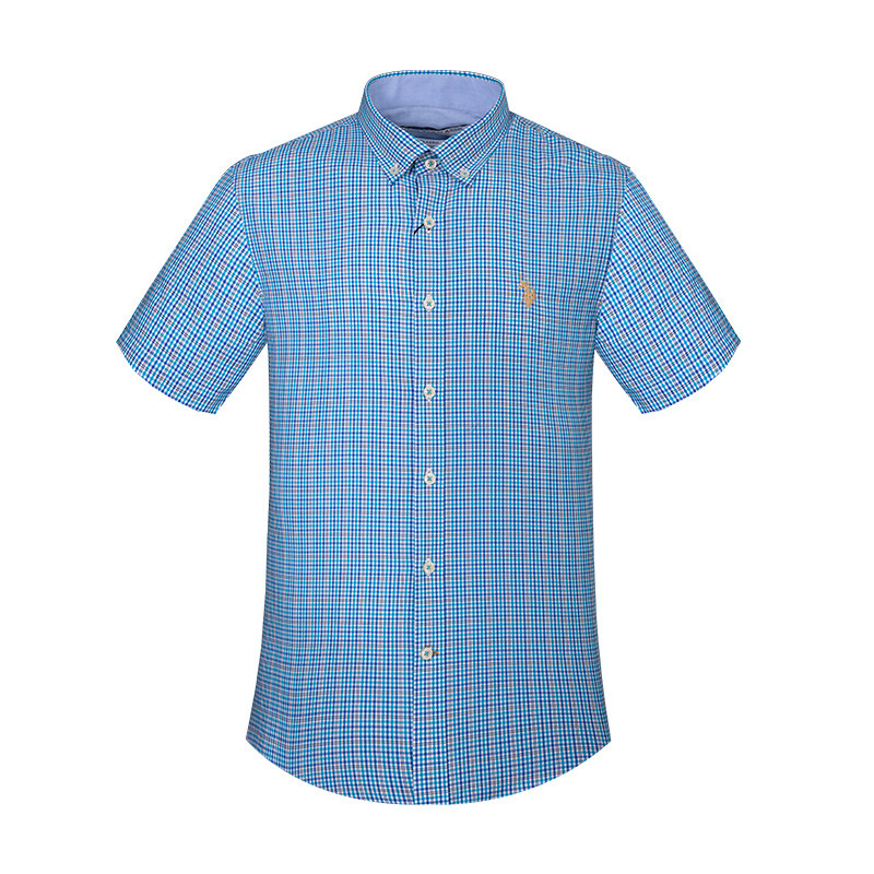 U.S. POLO ASSN.衬衫男短袖纯棉格子多色可选春夏季新款男士衬衣 S/165 蓝色格子-k