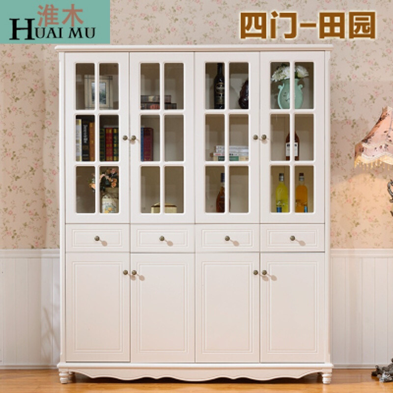 淮木（HUAIMU）地中海书柜书架四美式田园实木带玻璃简易书橱 田园四门