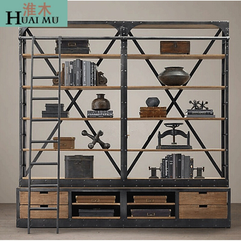 淮木（HUAIMU）美式货架实木书架钢木置物架落地楼梯架展示架陈列架复古书架 200*40*210