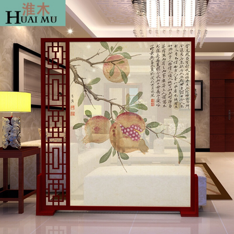 淮木（HUAIMU）新中式实木镂空屏风玄关客厅半透明隔断茶舍隔断荷花风水座屏白蜡木220* 白蜡木80*180cm无镂空
