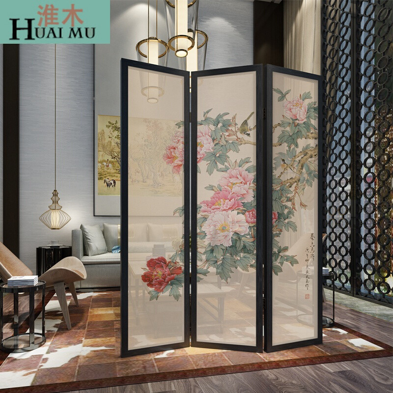 淮木（HUAIMU）中式屏风实木折屏隔断客厅办公餐厅茶楼屏风半透牡丹系列 单扇45*180cm樟子松