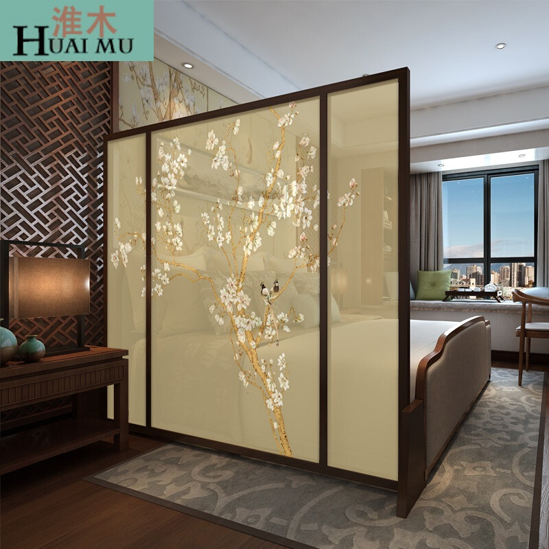 淮木（HUAIMU）现代中式环保实木屏风隔断玄关客厅移动隔断酒店茶舍隔断屏风白蜡木180* 胡桃木80*180cm