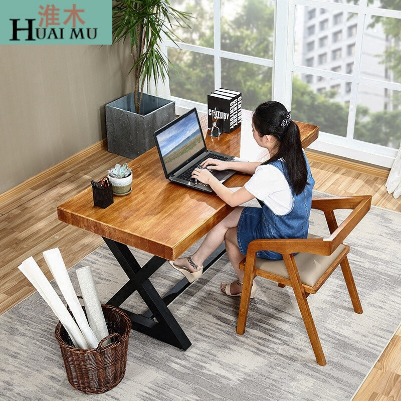 淮木（HUAIMU）美式复古铁艺电脑桌实木书桌防锈做旧餐桌loft会议桌办公桌写字台 180*80*75桌面5cm