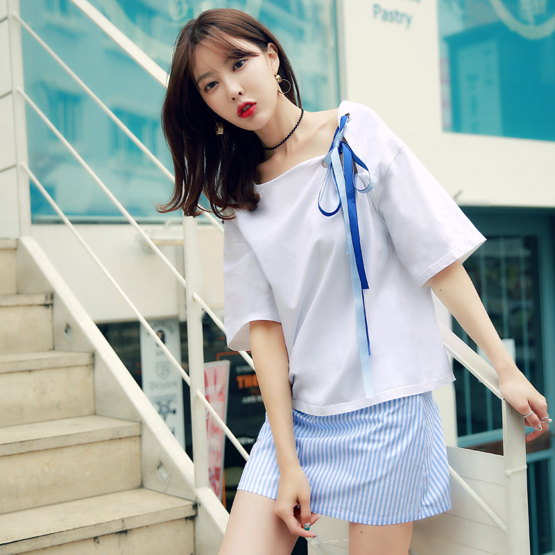 韩都衣舍2018韩版女夏新款系带宽松圆领休闲运动套装YQ7283茆 XS 白色