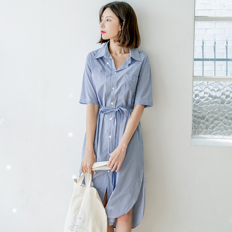 韩都衣舍2018韩版女装夏装新款宽松收腰条纹短袖连衣裙OY7307焕 L 蓝色