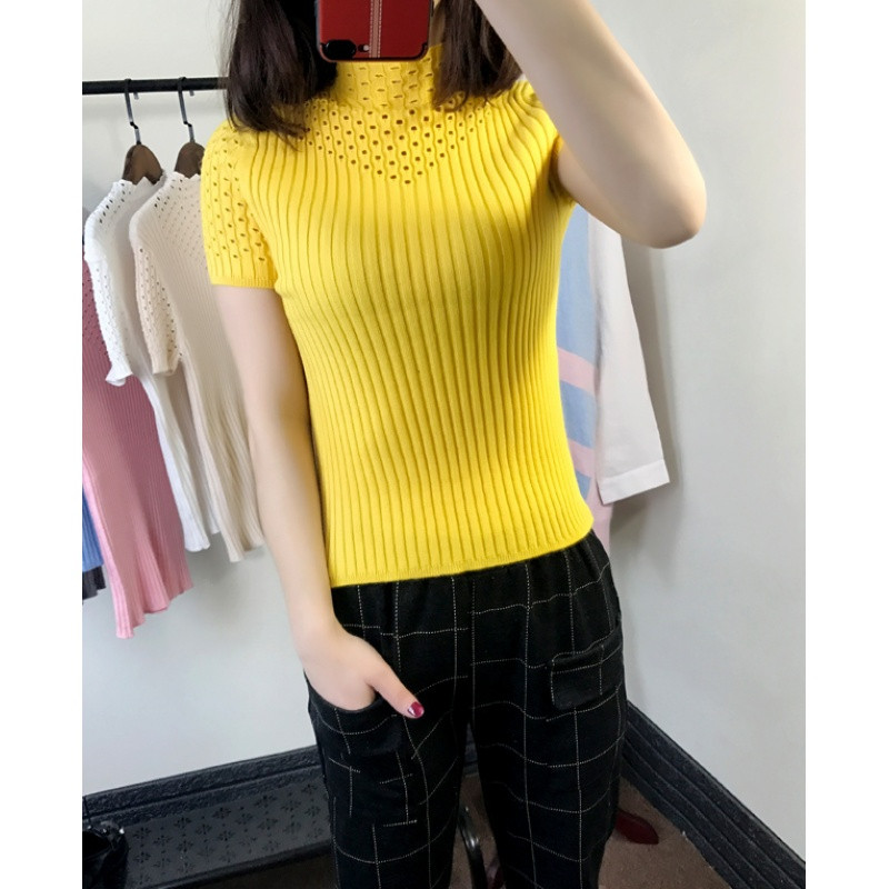 绒运利达新款针织短袖T恤女装上衣紧身羊绒套头百搭短款毛衣打底镂空夏季 XL 黄色