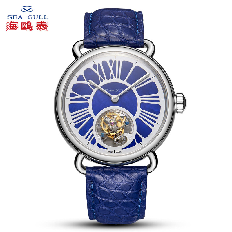 海鸥手表(SEA-GULL)时尚潮流皮表带手动陀飞轮情侣表机械腕表维罗纳 蓝盘银色罗马刻度男H081831603639