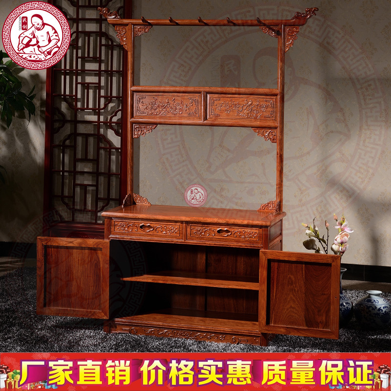 花梨木加层板带柜衣帽架鞋柜挂衣服组合柜子架子落地客厅卧室实木_14 祥云实板双抽带层板衣帽柜花梨色