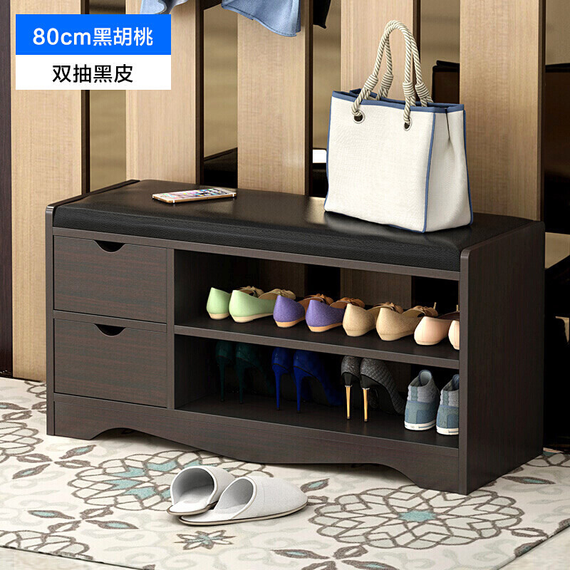 换鞋凳储物沙发凳子口换鞋凳式鞋柜服装店沙发鞋架床尾沙发脚踏D005 80cm-黑胡桃双抽黑皮