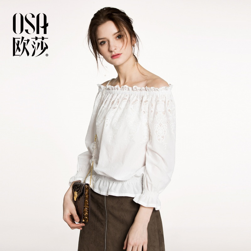 OSA欧莎2018春装新款女装气质时尚性感镂空一字领蕾丝衫上衣A170 M 纯白色