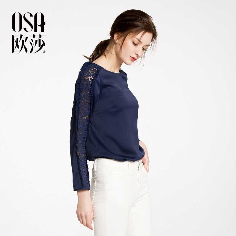 OSA欧莎2018春装新款女装舒适圆领拼接蕾丝长袖雪纺衫 S 藏蓝色