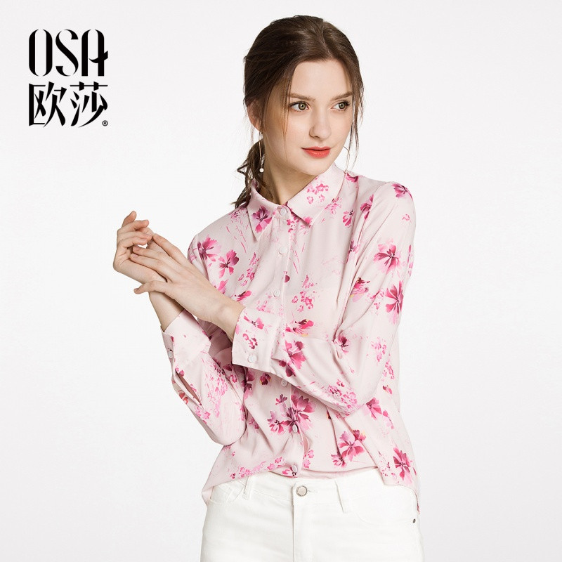 OSA欧莎2018春装新款甜美碎花长袖衬衫女A12022 S 粉色