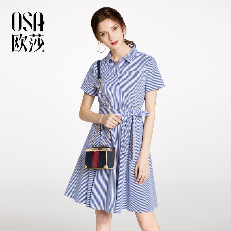 OSA欧莎2018夏装新款女装蓝白条纹收腰系带连衣裙B13003 S 蓝白条色