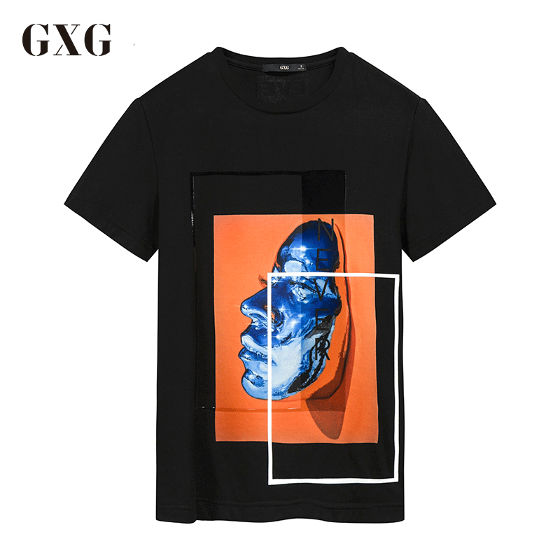 GXG短袖T恤男装夏季男士休闲时尚修身黑色舒适圆领T恤 185/XXL 黑色