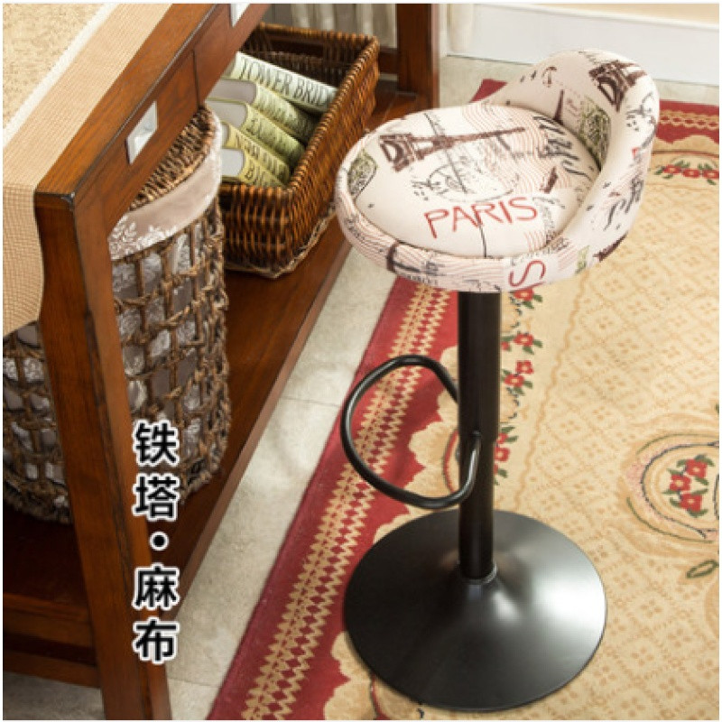 欧式铁艺吧台椅升降椅子收银靠背旋转现代简约酒吧椅高脚凳子家用_1 铁塔麻布+黑脚