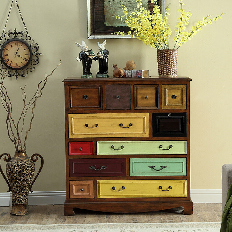 五斗柜彩绘收纳复古五斗柜餐边茶几资料置物架抽屉收纳落地花盆家用定制组合客厅卧室白色手绘长1 胡桃色长104x宽41x高