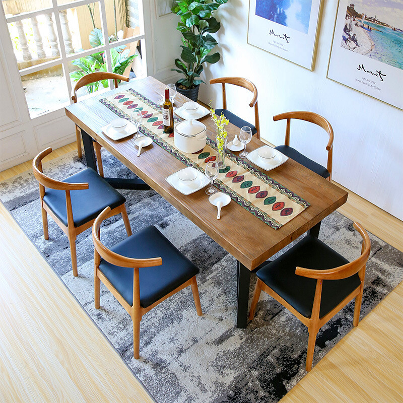 淮木主题餐桌实木咖啡厅餐饮店桌椅组合现代简约小户型长条餐桌吃饭桌 160*70*75木板8cm