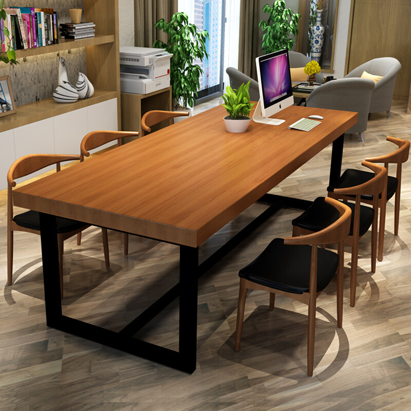 淮木工业风实木会议桌长桌简约现公桌长条大桌子loft洽谈桌椅组合 200*80*75高桌面5厘米厚