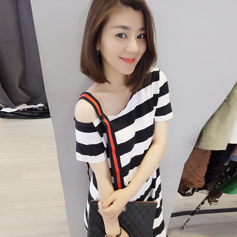 BOBOWALTZ欧洲站春夏装女2018新款欧货潮 韩版露肩显瘦裙子休闲条纹连衣裙B171d3955p0103 L 条纹