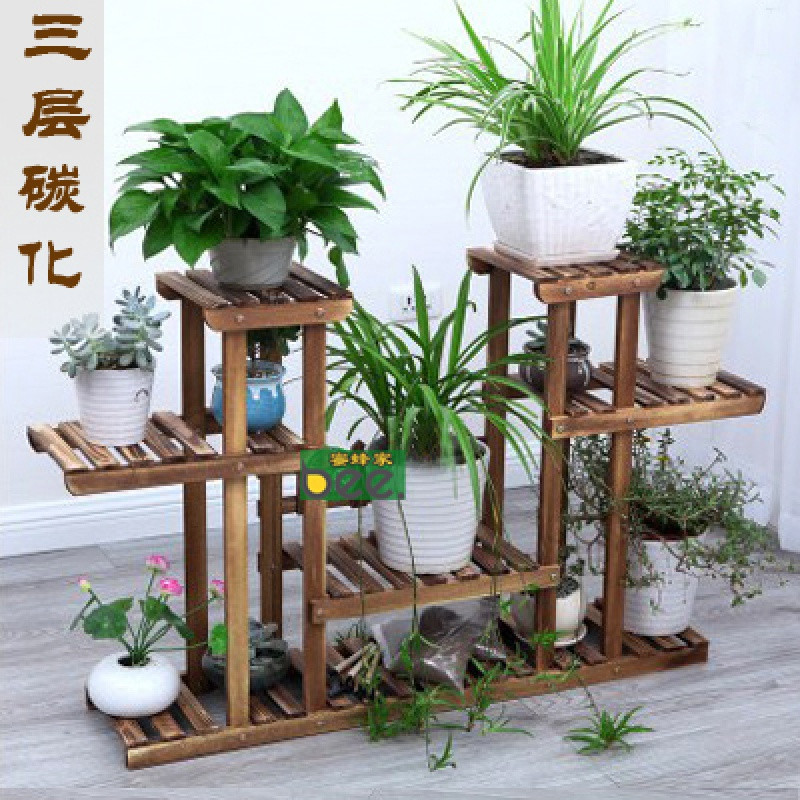 木质阳台花架实木客厅组装多层室内室外防腐木多肉绿萝吊兰花架子_8 三层碳化