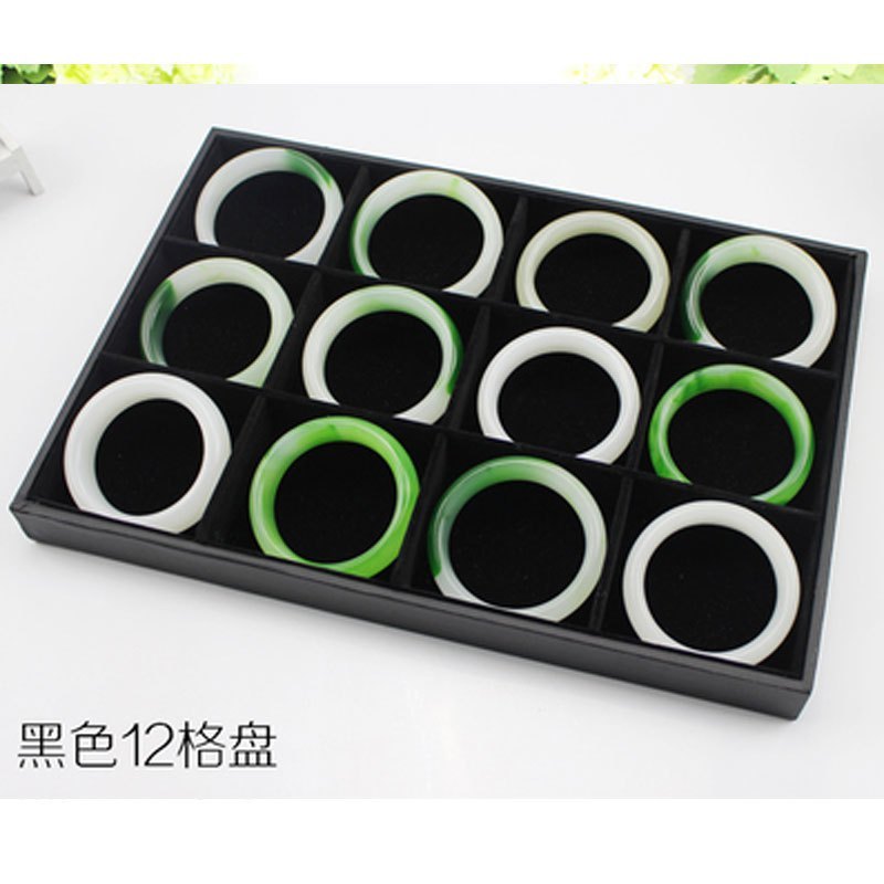 纯色简约戒指项链收纳盒绒布手镯耳环珠宝箱展示道具饰品架首饰托盘冰花绒饰品收纳盒子时尚收纳用_2 黑色-12格托盘