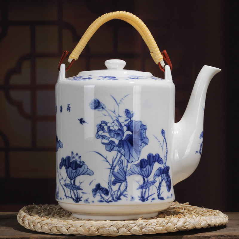 景德镇陶瓷水壶提梁壶凉水壶 釉下彩青花瓷茶壶水壶侧提壶 花开富2升