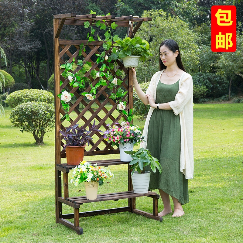 阳台实木吊兰绿萝花架室外碳化防腐木爬藤架多层阶梯花盆架落地_7 碳化三层大号(高200*宽90*深70)