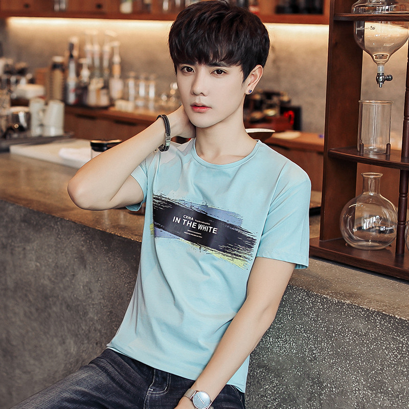 太子龙正品男装2018夏季新款男士短袖T恤夏季潮学生体恤圆领修身印花半袖丅恤打底衫 M 天蓝色