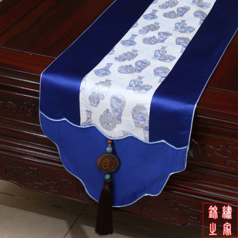 新中式创意奢华真丝织锦岫玉玉佩如意头床头柜餐桌茶几桌旗多色_1 蓝花瓶