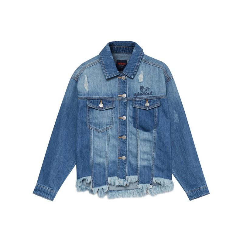 美特斯邦威女装牛仔夹克女春毛边外套734592 170/92A/XL 中蓝色