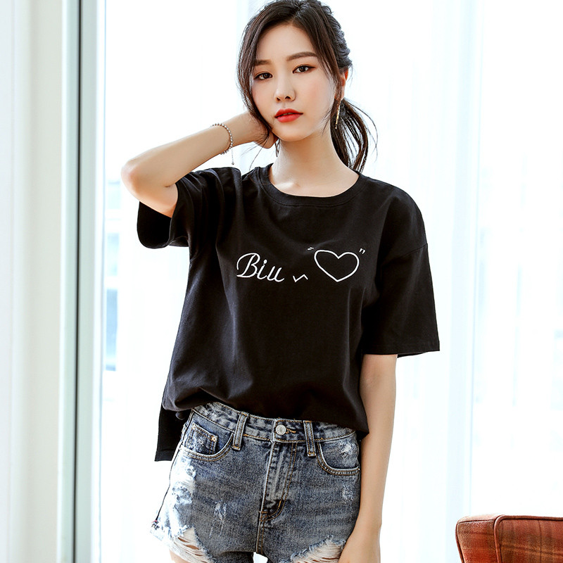 韩都衣舍2018夏装新款女装韩版宽松打底衫短袖刺绣T恤AA10046玎_1 L 黑色