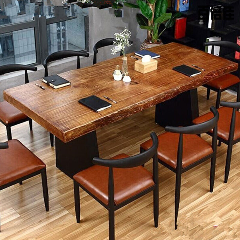 新款创意美式复古铁艺餐桌工业风格长方桌子实木家具大工作台办公会议桌 180*80*75松木5公分