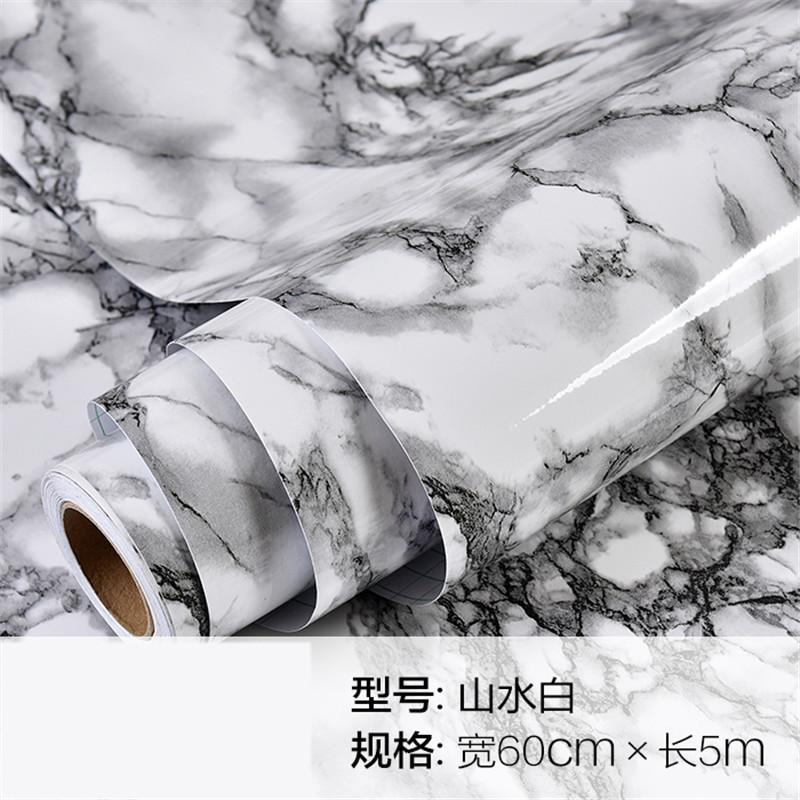 加厚pvc仿大理石纹贴纸壁纸自粘墙纸窗台衣橱柜子桌家具翻新墙纸墙面贴纸生活家居家装建材主材_7 【山水白】60CM宽X5米长