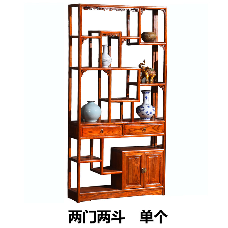 实木博古架隔断南榆木中式多宝阁玄关柜简约现代小摆件客厅置物架_6 两门两斗博古架（单个）