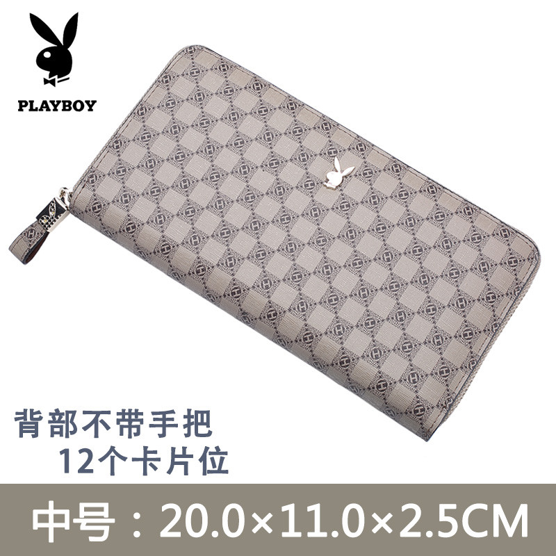 花花公子新品PVC男士手拿包长款钱夹女士钱包带拉链手包商务日韩 卡其中号背部不带手把