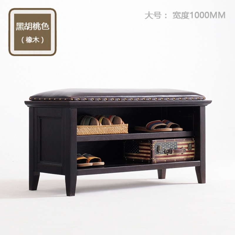 新品美式简约换鞋凳门厅实木玄关储物床尾鞋架穿鞋凳AS813_4 黑胡桃色橡木大号