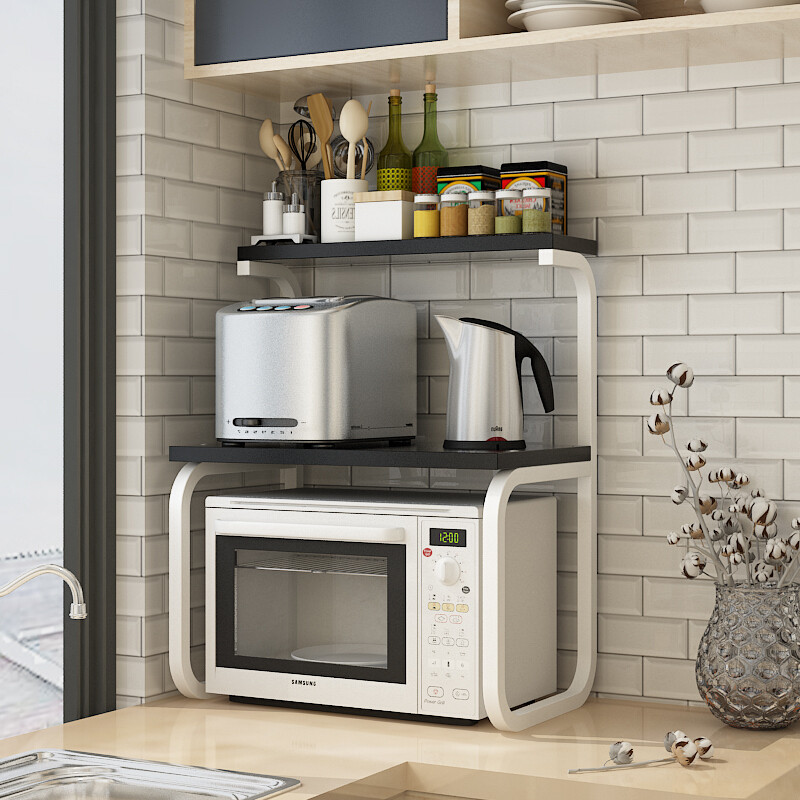 厨房置物架用品3层微波炉架收纳储物调料架落地双层电饭煲烤箱架_29 A款.黑色+白架60长*40宽*75高