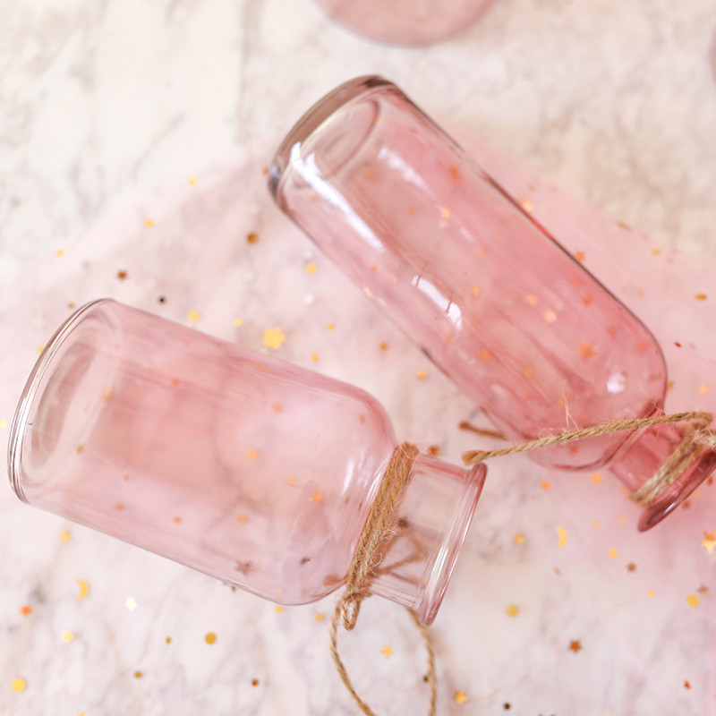 玻璃瓶桌面摆件小清新装饰办公桌小花瓶餐桌客厅干花插花-粉色玻璃瓶