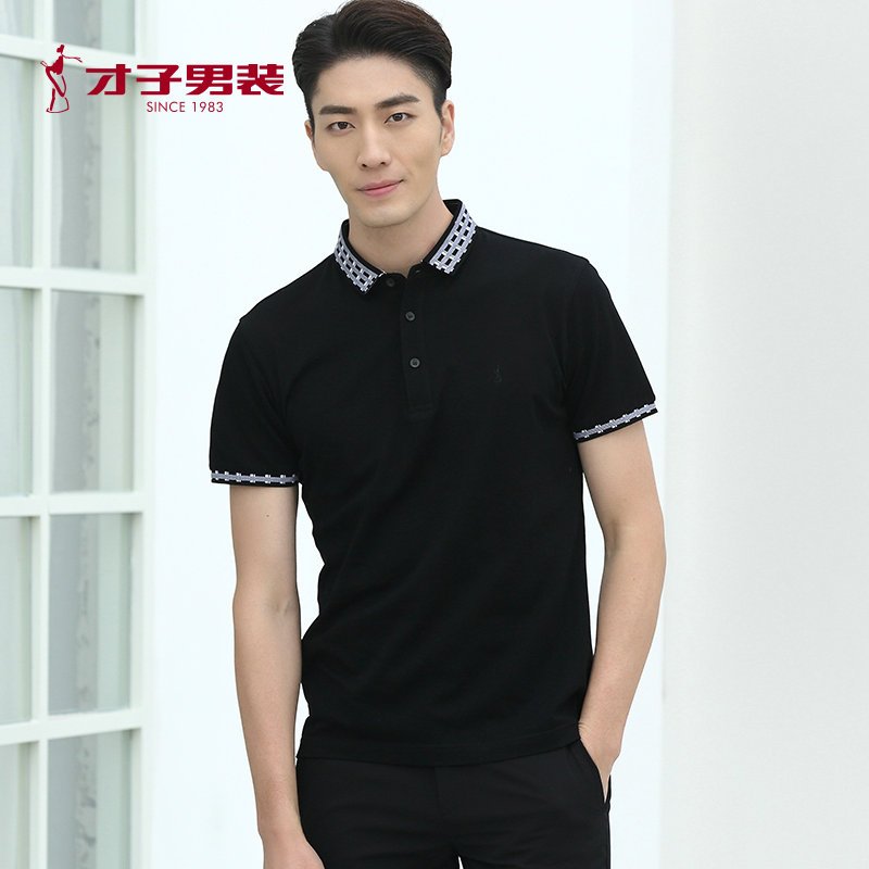 才子短袖T恤男男装夏季新款男士商务休闲翻领体恤衫丝光棉POLO衫_2 175/92A 黑色