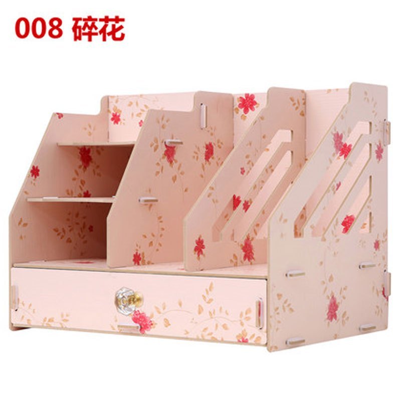 办公室用品桌面收纳盒木质大号书架创意抽屉文具置物架文件收纳架多色多款多功能生活日用收纳用品_7 008~碎花