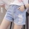 简妮薇短裤牛仔裤女夏2018新款韩版破洞宽松学生卷边阔腿裤热裤 深蓝色 27码