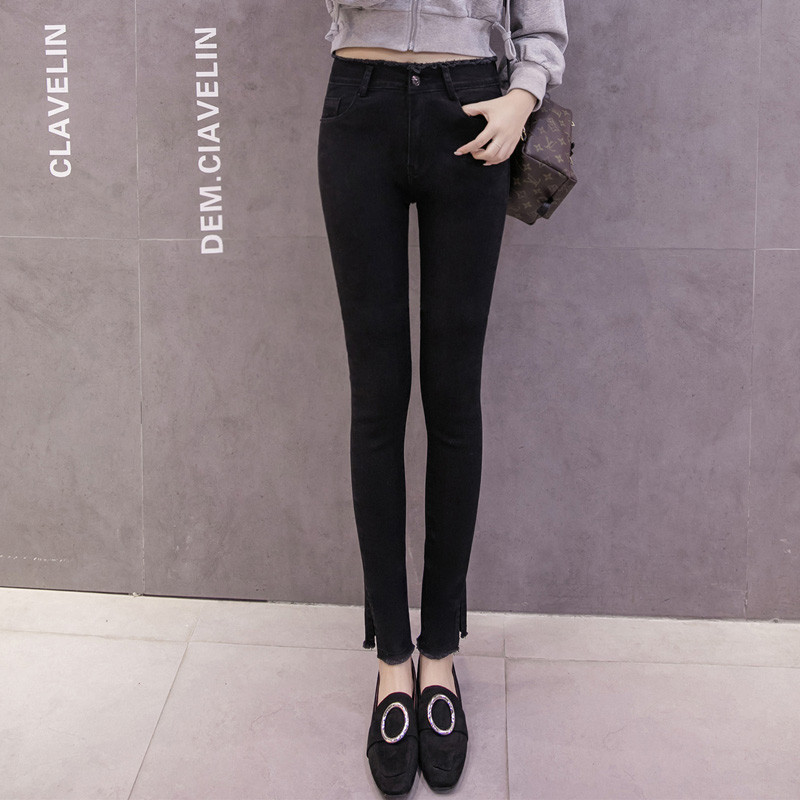 蓝色详情实拍韩版新款弹力修身毛边小脚牛仔裤女长裤秋装_1 27 经典黑